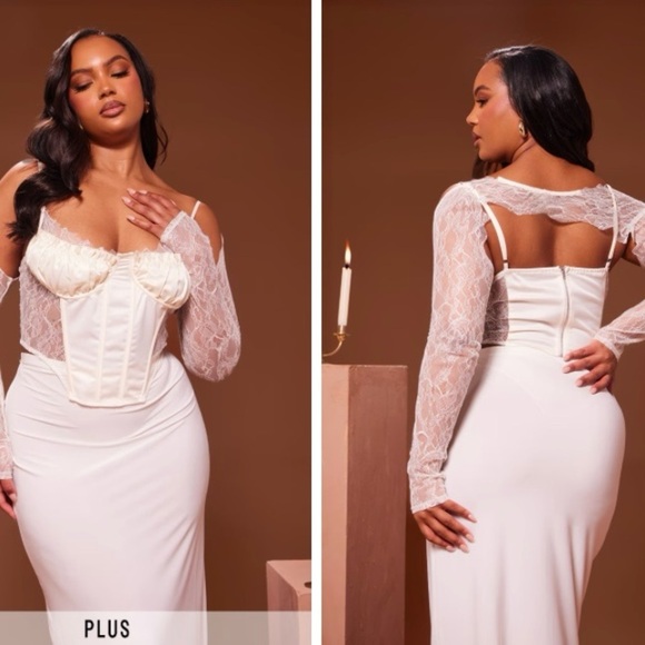 NWT PrettyLittleThing Plus Cream Gossamer Lace Satin Insert Sleeve Detail Corset - Picture 1 of 6